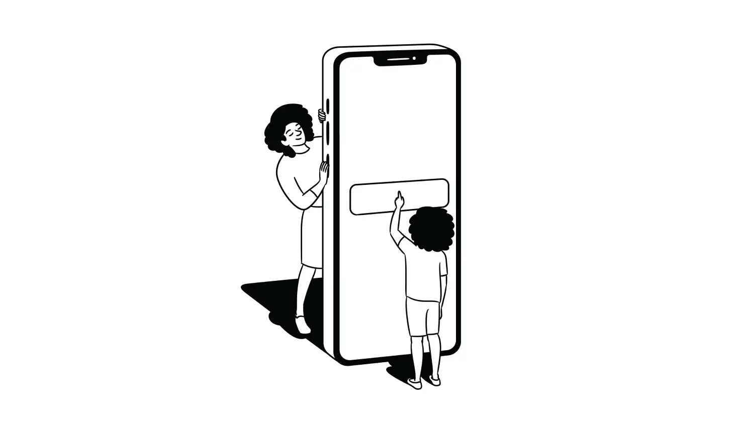 Illustration of a child using a large smartphone with their mother hidden behind it and watching them
